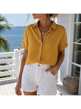 Rachel Zoe 100% Linen Mustard Yellow White Polka Dot Button Shirt Womens Medium